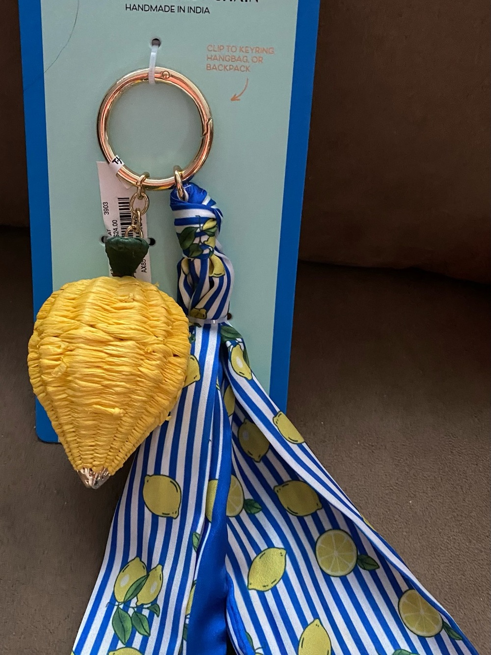 Yellow Lemon Raffia Keychain with Blue Lemon Scarf Accessory